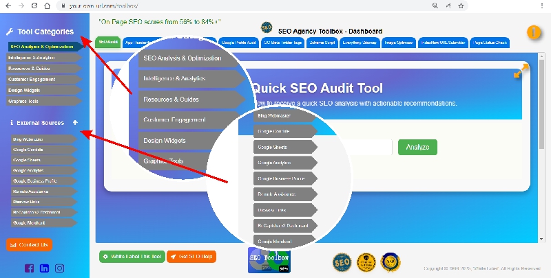 The Professor's White Label On-Page SEO toolbox dashboard